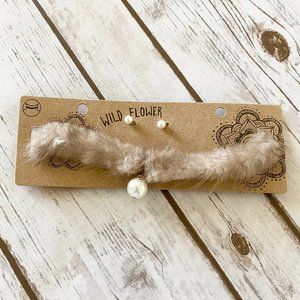 New Wild Flower Women's Tan Faux Fur Pearl Choker Necklace & Earring Set Fashion